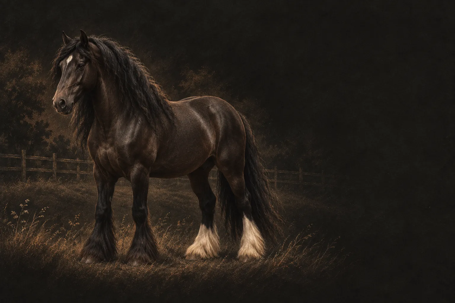 Charcoal illustration inspired by my dark Gypsy Vanner, with a thick mane and feathered legs.