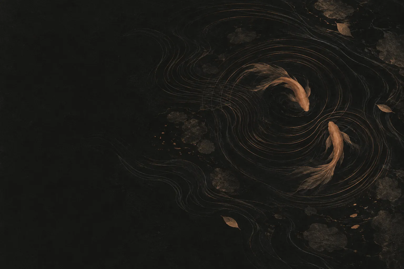 Illustration of two copper goldfish circling in near-black water, drawn as fine concentric ripples and contour lines.